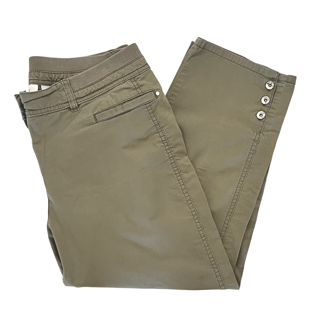 Chicos Women Crop Pants Size 1.5/M 10 Olive Green Button Hem Stretch Utility